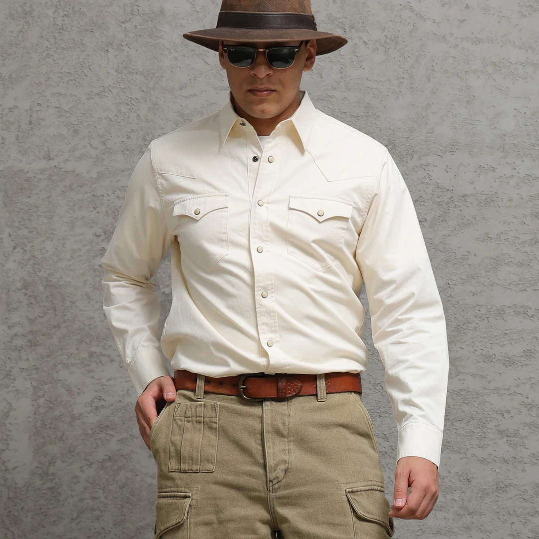 西里布S096米白色全棉美式复古西部衬衣男经典休闲百搭工装衬衫