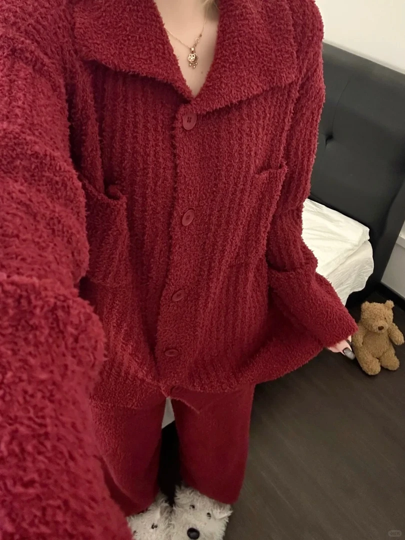 韩系复古红色坑条针织半边绒睡衣女冬季新款加厚保暖家居服套装