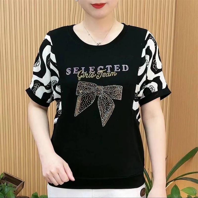 2025夏季新款烫钻圆领宽松短袖T恤衫大码显瘦胖MM遮肚减龄上衣女