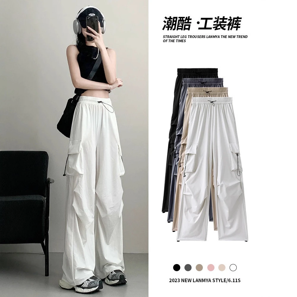 白色爆款工装裤女夏季薄2025新款高腰显瘦降落伞裤美式速干运动裤