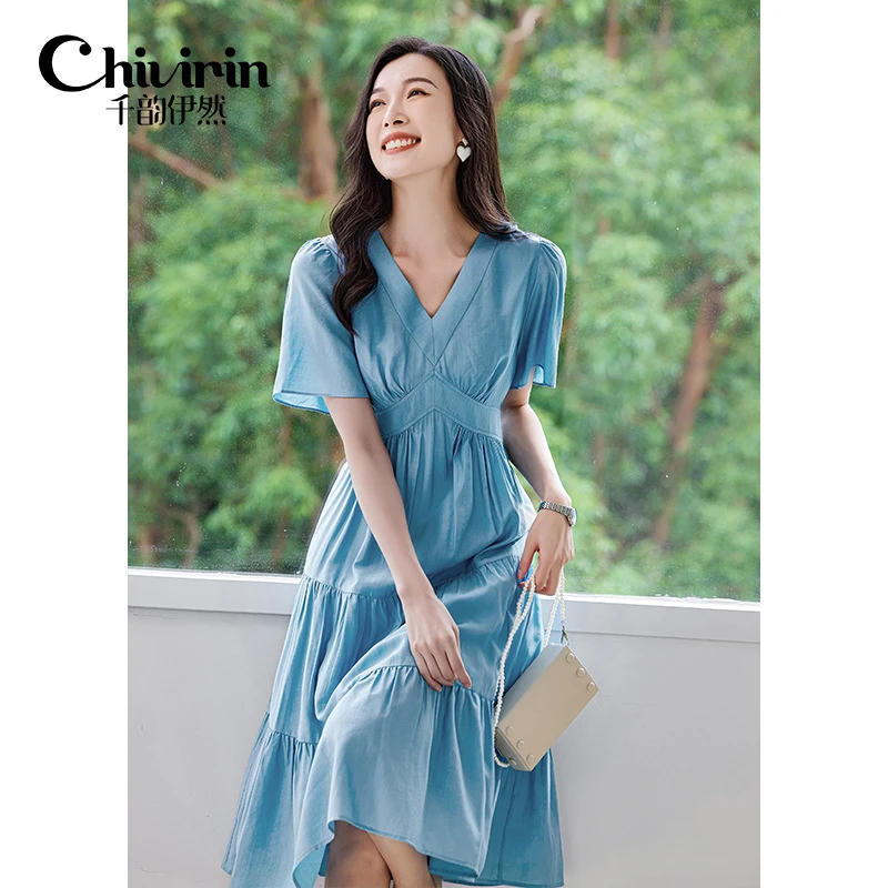 25新款气质显瘦v领短袖连衣裙女高级感法式通勤蓝色中长裙7499