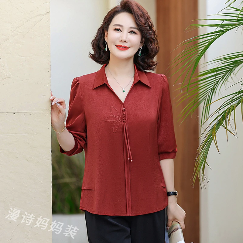 妈妈装春夏新款2025衬衫长袖上衣服新中式小衫中老年女装洋气减龄
