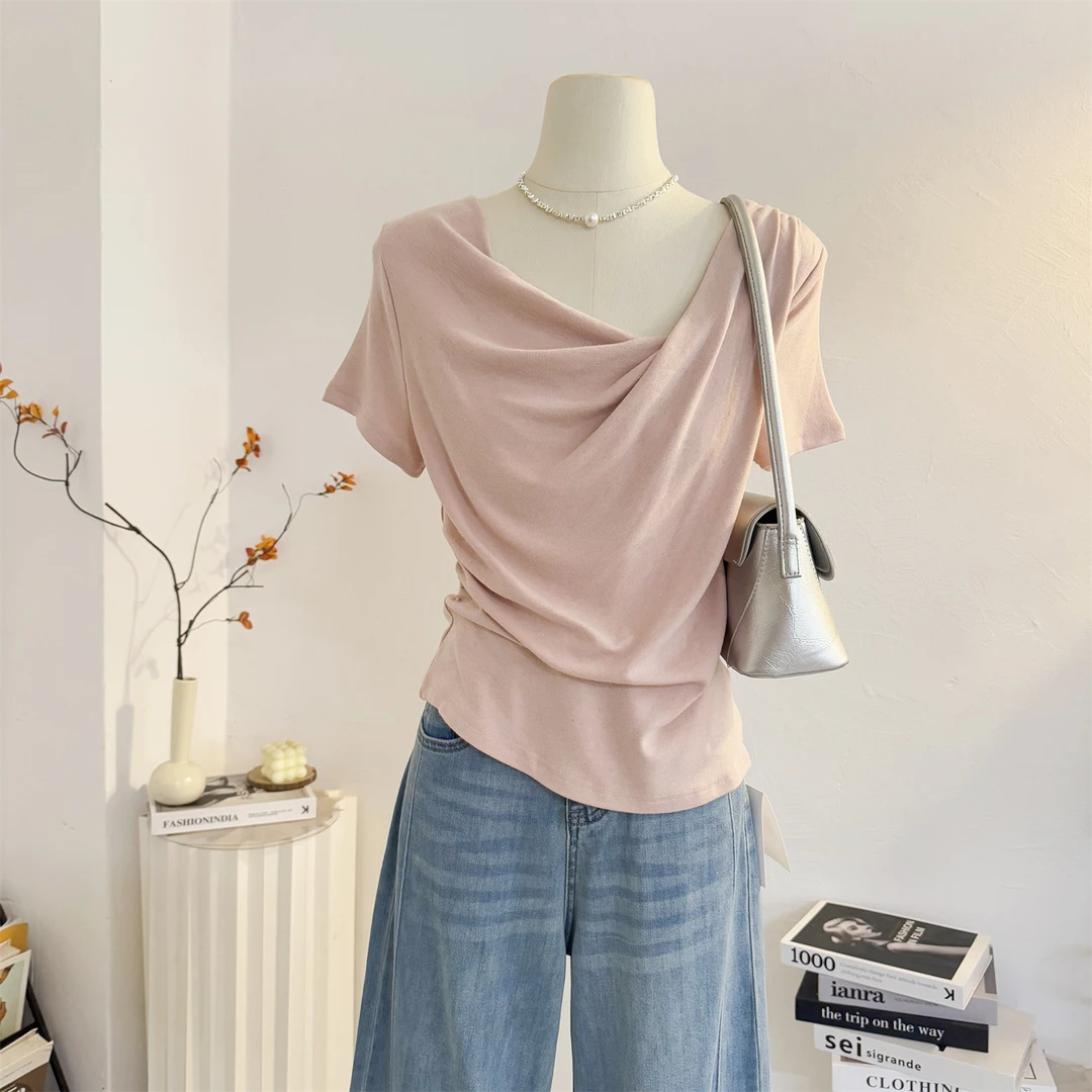 粉色不规则荡领短袖T恤女2025夏季设计感修身短款温柔风露肩上衣