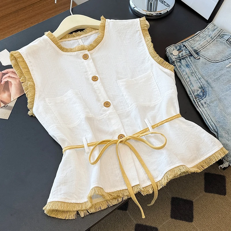 法式气质毛边圆领无袖衬衫女夏季新款设计感修身显瘦简约百搭上衣