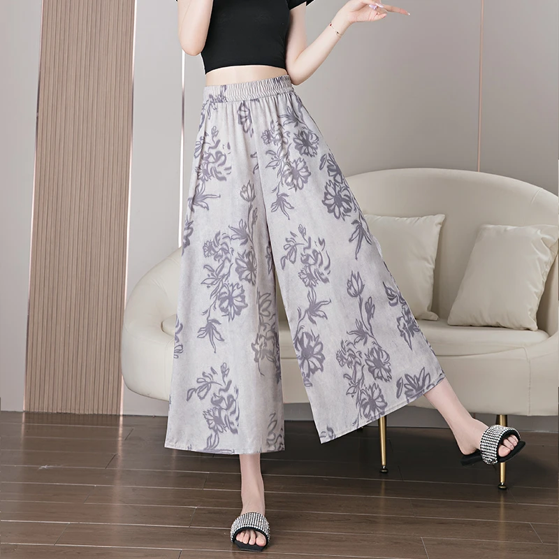 【专柜正品】冰丝复古印花冰丝裙裤女垂感显瘦松紧大码