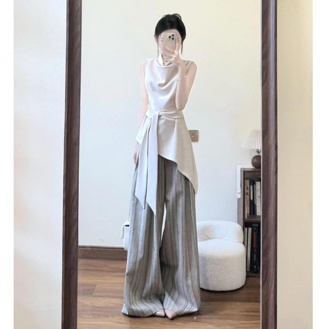 法式高级感不规则收腰系带无袖上衣夏季新款宽松慵懒风阔腿裤套装