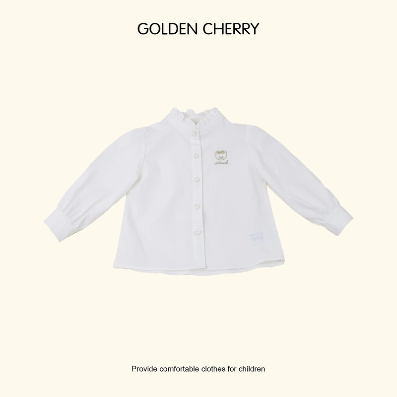 【Golden cherry】儿童小熊刺绣五粒扣木耳领打底衬衫660728