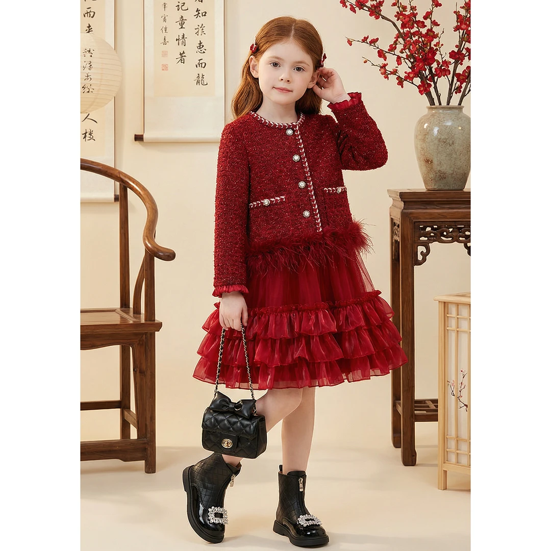 女童冬季加棉法式小香风套装新年礼服单外套单裙子T390