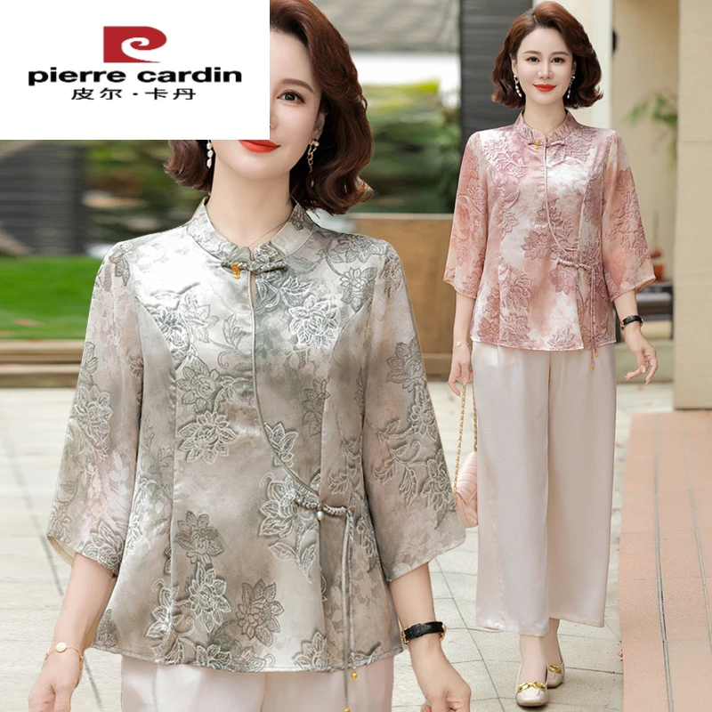 皮尔卡丹新款新款妈妈夏装新中式国风套装中老年女恤短袖上衣服阔