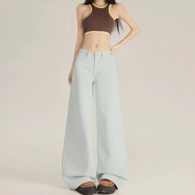 2025春夏白灰色复古做旧水洗牛仔裤女高腰宽松慵懒阔腿拖地裤长裤