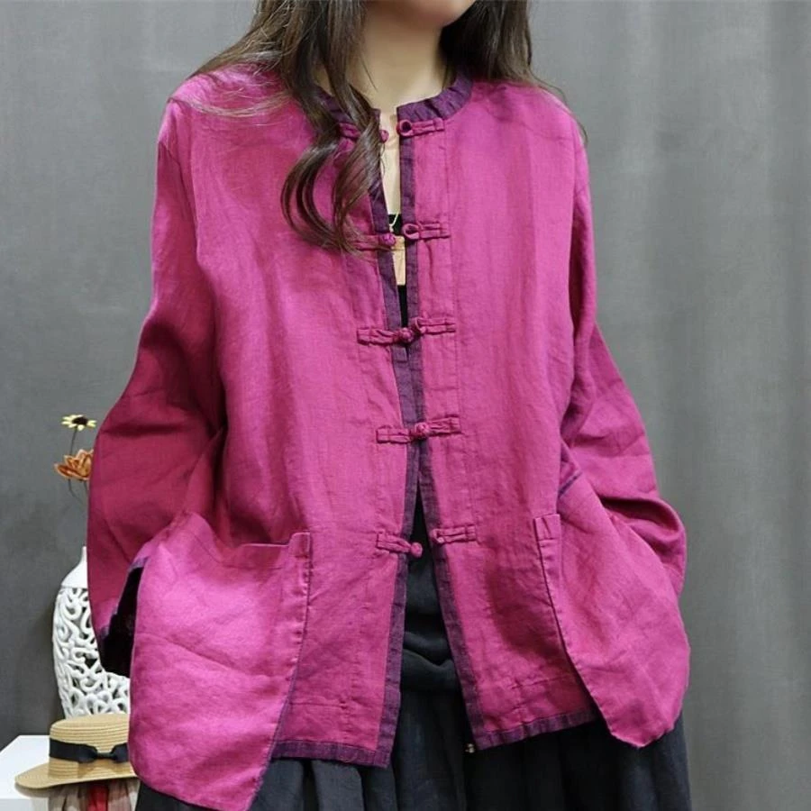 原创设计棉麻女装复古禅意亚麻撞色中式长袖盘扣上衣衬衫外套宽松