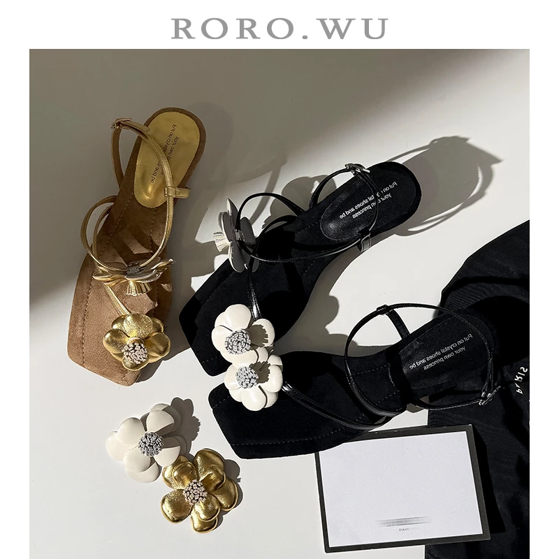 娆娆吴·牛皮精致花朵可拆扣带甜美减龄百搭夹趾时装凉鞋女鞋A21