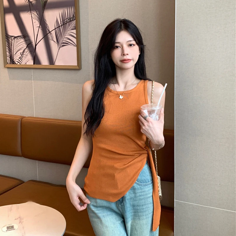 多巴胺橘色针织吊带背心女夏季新款修身显瘦短款不规则收腰上衣潮