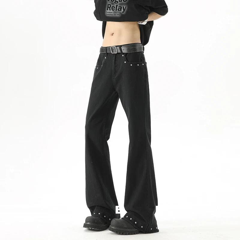 【侯二胖】铆钉显瘦纯色男生美式宽松毛边微喇牛仔裤