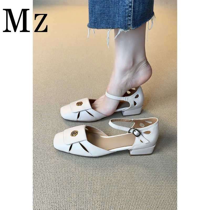 Mr.Zheng/3cm/粗跟包头山茶花一字带中空凉鞋2025夏季新款女鞋