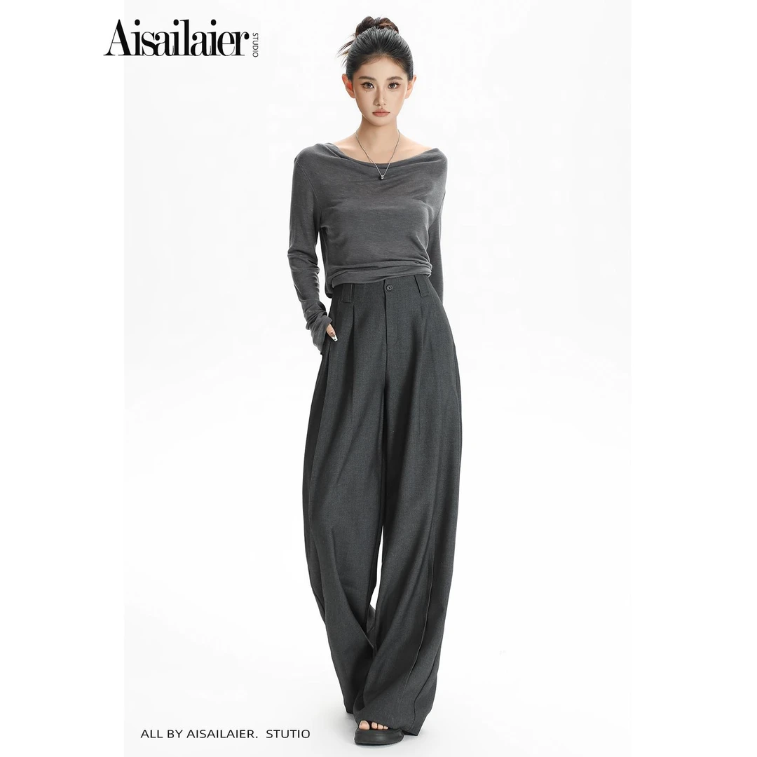 高级感莱赛尔羊毛西装裤女2026年秋季西裤显瘦垂感款拖地阔腿裤