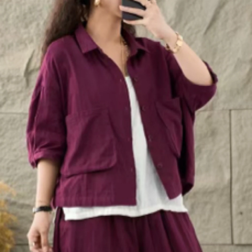 福利：2025纯色夏季透气大码女装拼接口袋宽松型短款开衫