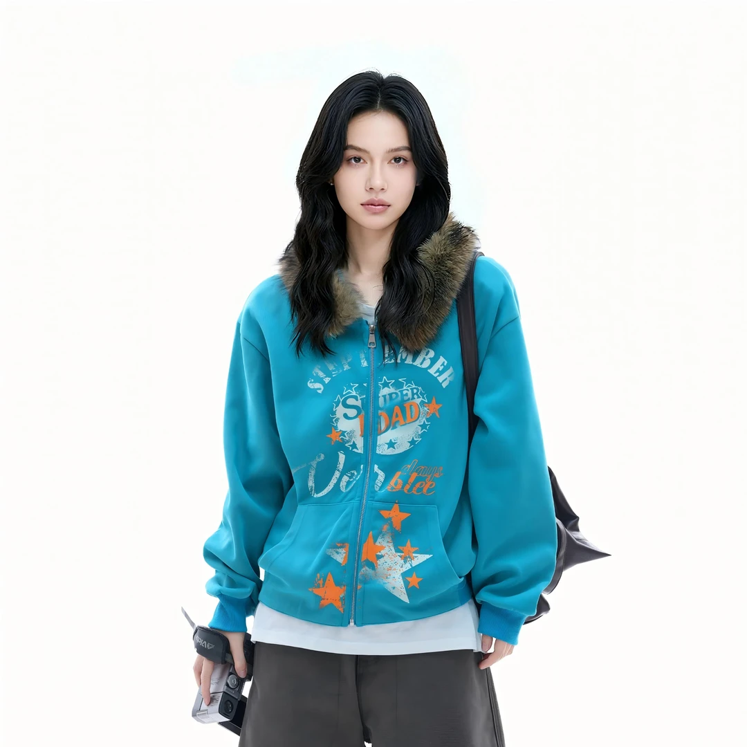 【Mu&Mu】秋季慵懒风毛领连帽开衫卫衣女美式复古星星宽松外套