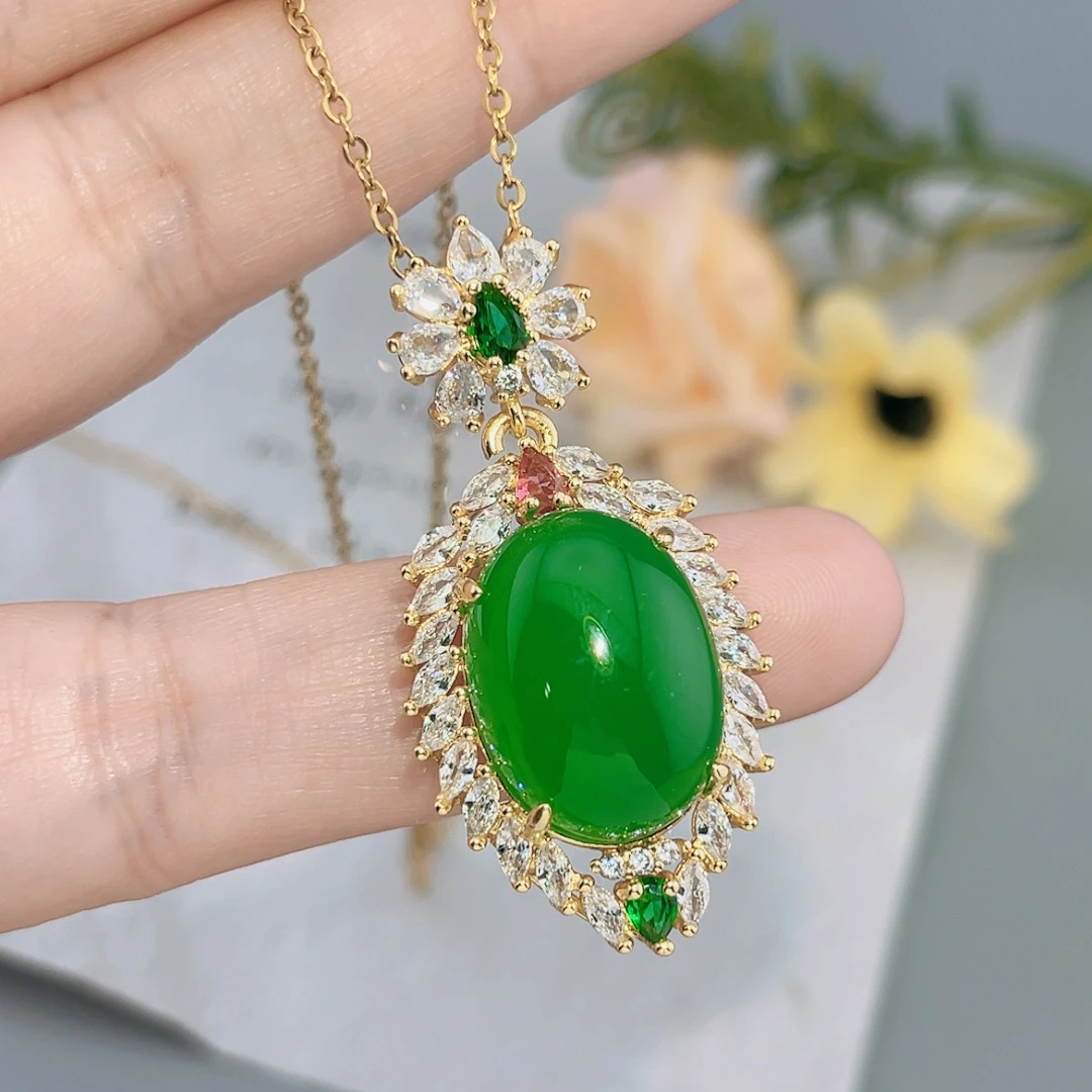 正品玛瑙玉髓吊坠绿玉石豪镶宫廷风水滴形颈饰大气时尚女款F803