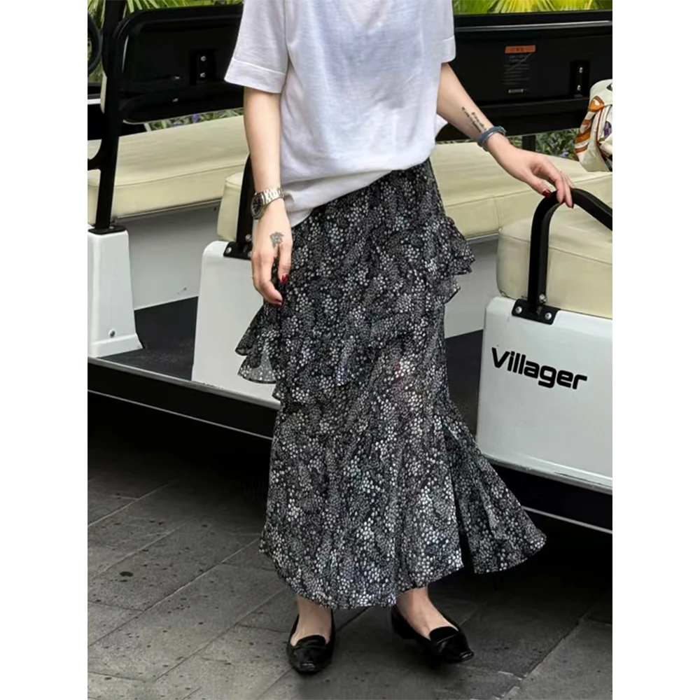 SHIIEELL 法式气质碎花显瘦印花荷叶边轻透斜边半身裙PHY95