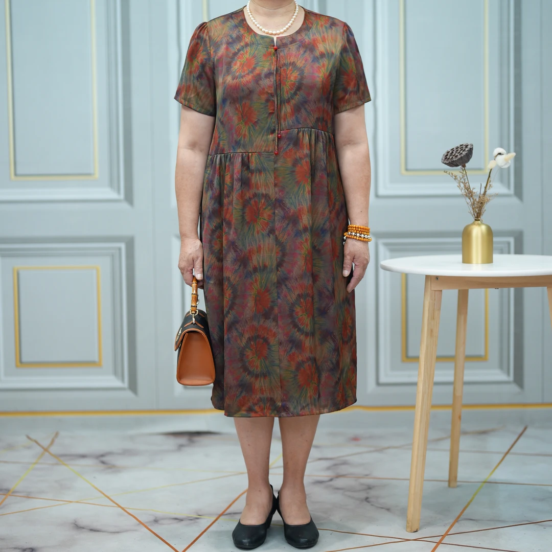 大码妈妈装国风立领中长款花色连衣裙2025夏新款洋气宽松拼接裙子