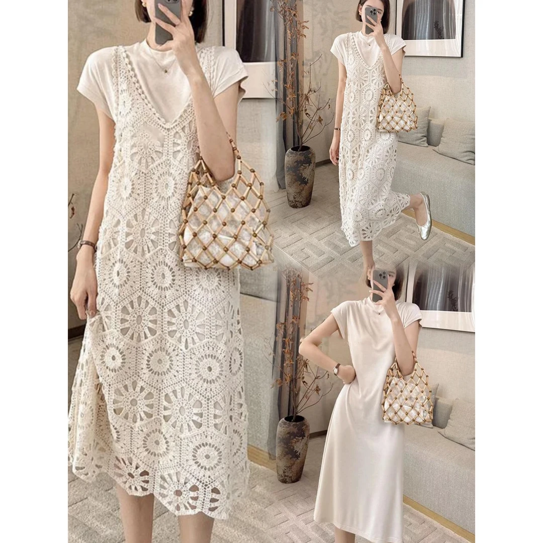 孕妇2025夏季韩版复古宽松遮肉显瘦懒人裙＋蕾丝气质吊带两件套女