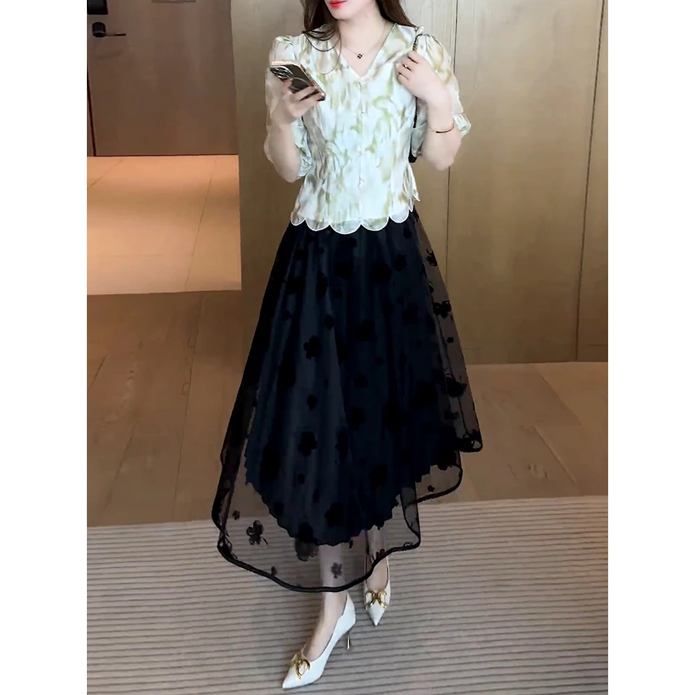 气质套装七分袖衬衫高腰网纱半身裙两件套JYSDPX202 4051501