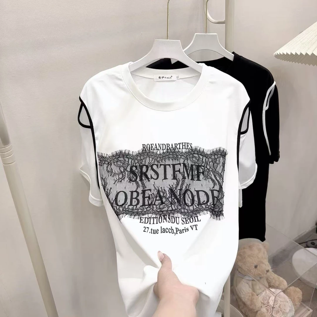 胖胖家*6782新款小心机百搭显瘦拼接蕾丝字母半袖