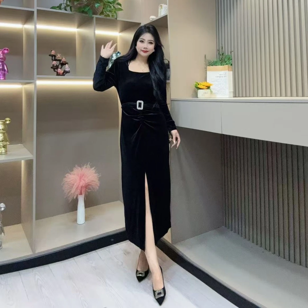 秋季连衣裙-冠 3712时尚气质女人味亮闪腰带扣胖MM大码女装新款