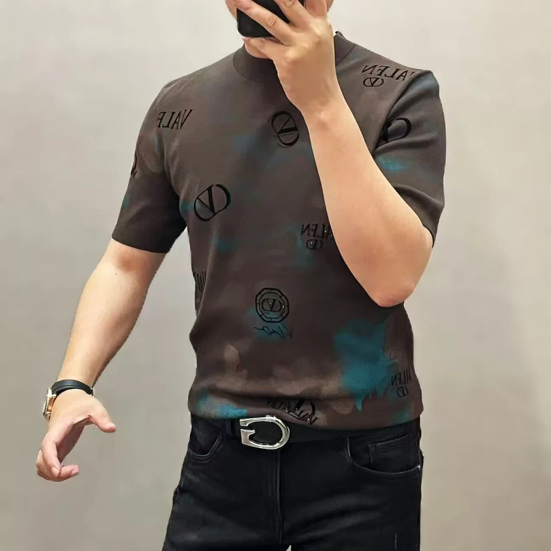 新款高端男士时尚休闲印花圆领烫钻印花短袖T恤79010