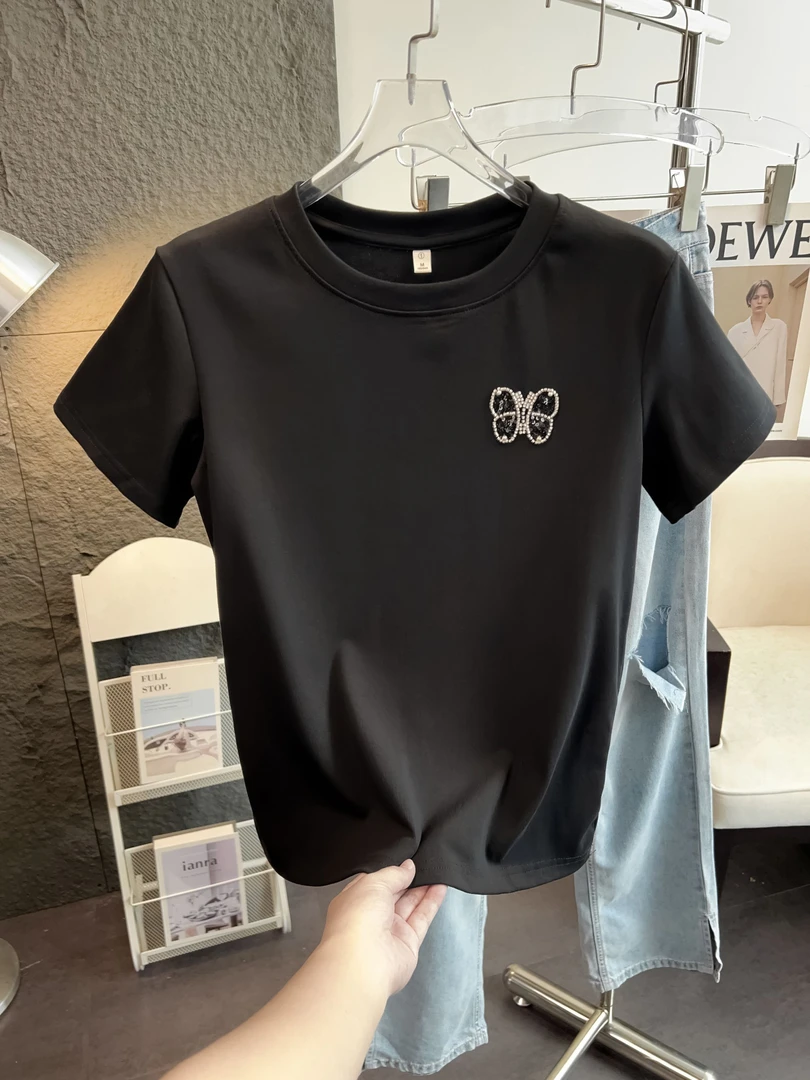 夏季时尚圆领蝴蝶钉珠T恤纯色短袖夏装宽松型吸汗休闲百搭显瘦