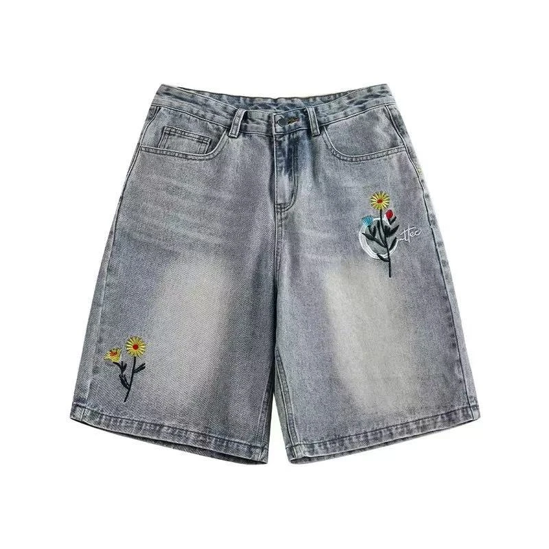 夏季新款绣花五分牛仔裤男女宽松直筒休闲短裤刺绣裤衩潮-5496