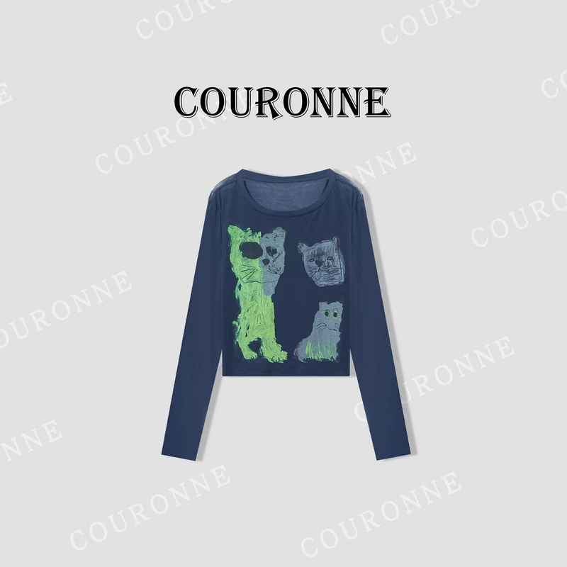 【桐桐】-春夏‘’艺术猫咪‘’手绘减龄时髦小众设计显瘦长袖32534