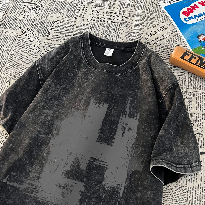 特大码300斤短袖t恤男2025夏新款美式复古水洗做旧宽松半袖体恤衫