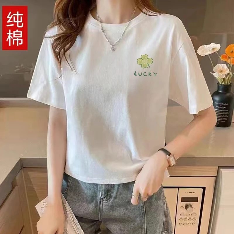100%纯棉高腰t恤小个子宽松夏季新款T恤短款女装潮流百搭短袖上衣