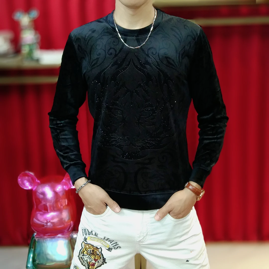 秋季男士2025新款丝绒时尚休闲烫钻圆领打底衫潮流修身长袖卫衣