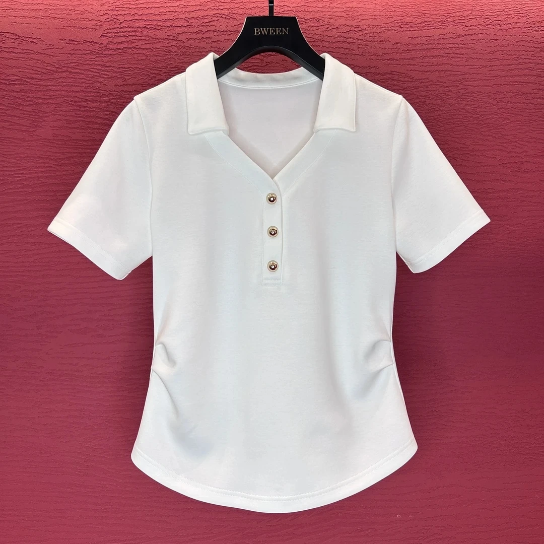 【POLO领设计衫】25年夏季新款小V领收腰女士时尚百搭短袖T恤休闲