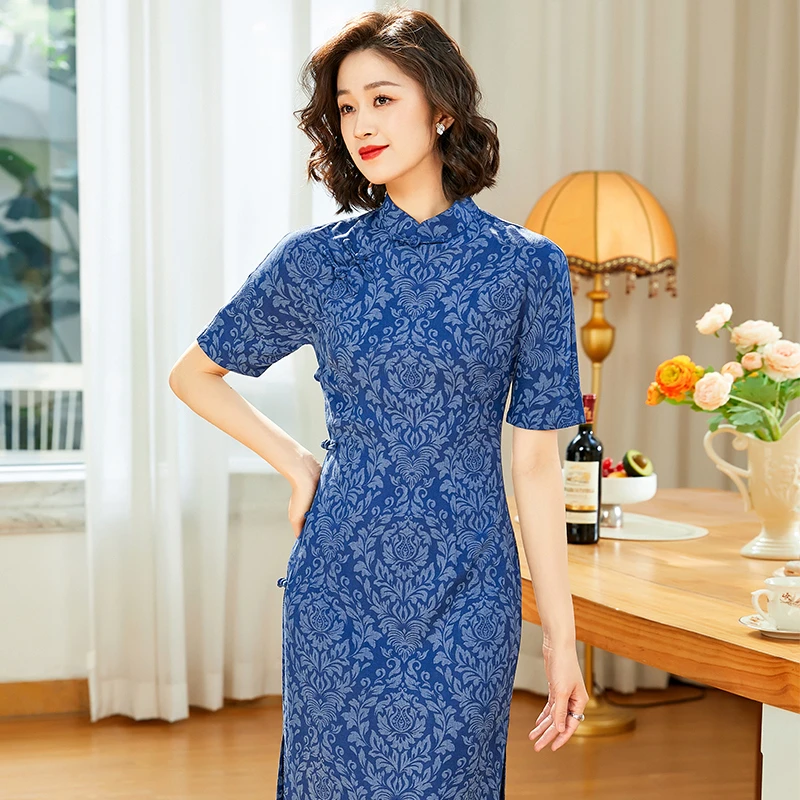 青花瓷盘扣全开襟旗袍女夏季新款复古中国风日常改良妈妈25059