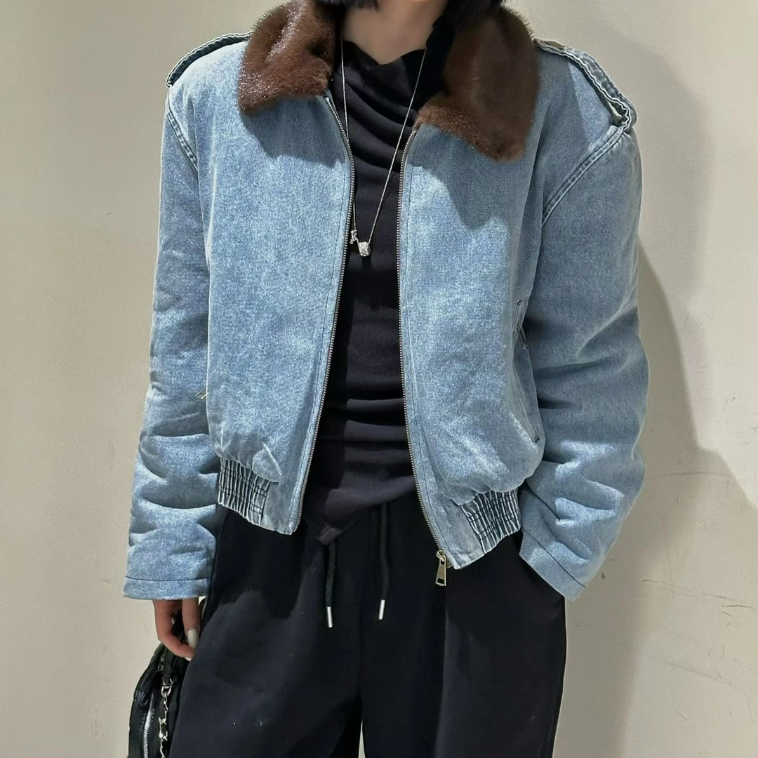 韩复古拼接加绒加厚保暖毛毛领牛仔外套女冬季新款高级感百搭上衣