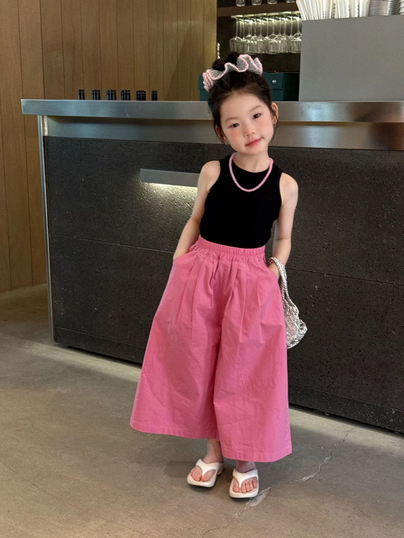 2025夏季女童纯色时髦百搭款夏季背心甜美薄款红色棉布裤子套装