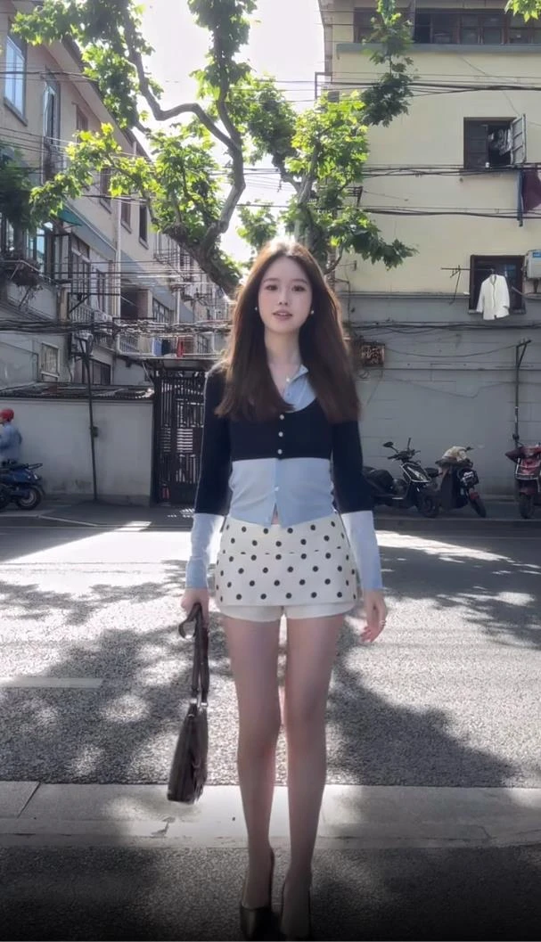 甜辣风设计感拼色假俩件长袖针织衫上衣波点印花低腰包臀裙裤套装