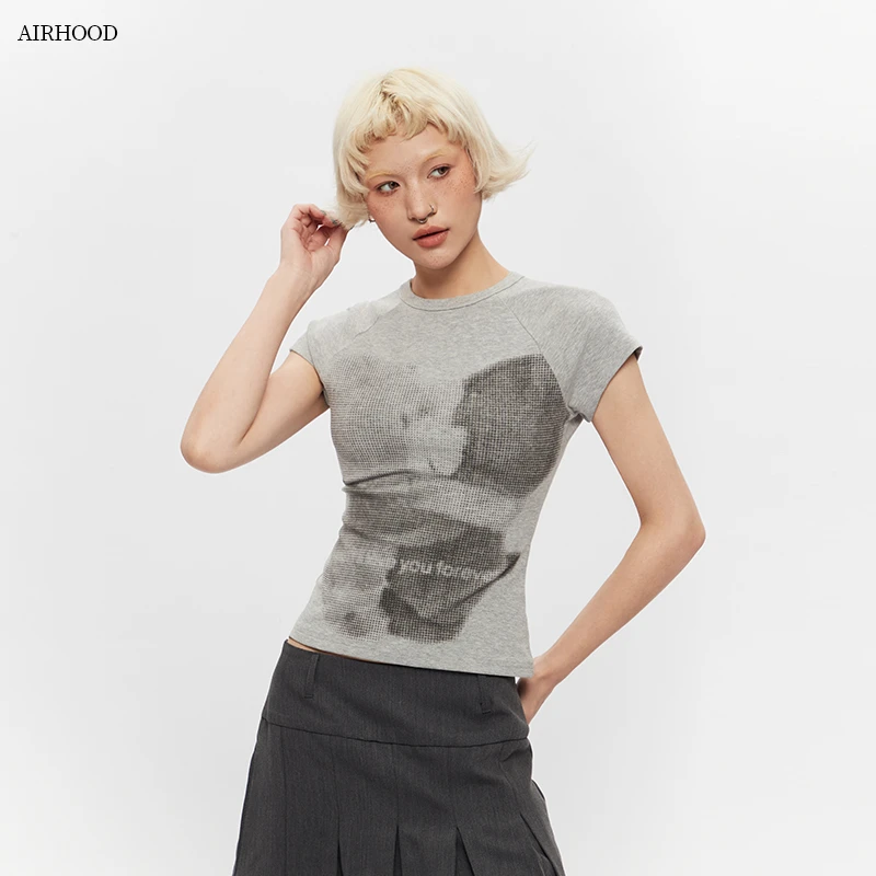 AIRHOOD 美式圆领复古印花短袖T恤女夏季短款辣妹紧身上衣 N5131
