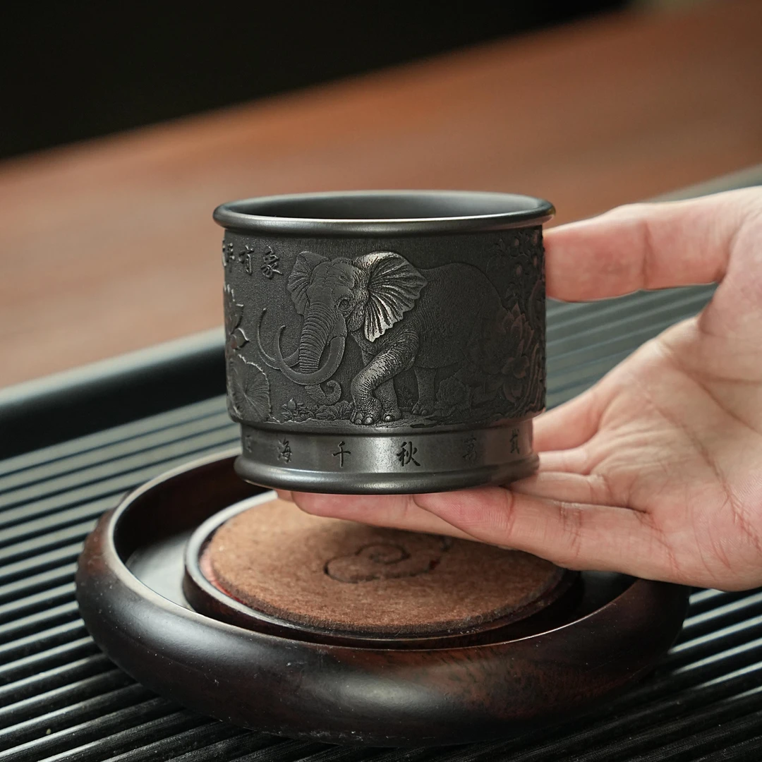 宜兴正宗原矿紫砂石黄纯手工刻绘太平有象高档家用紫砂主人杯