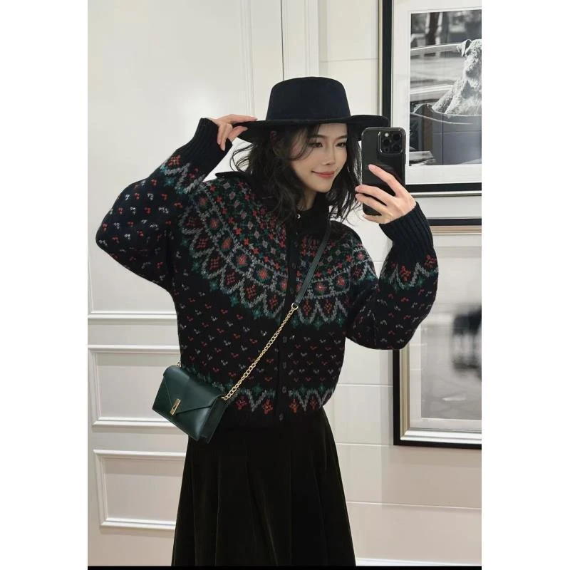 【费尔岛提花毛衣】冬季新款拼色保暖时髦百搭设计感毛衣女