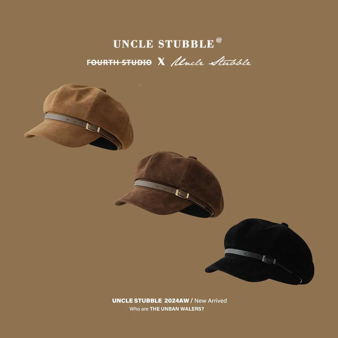 韩版气质百搭八角帽女秋冬时尚皮带扣报童帽高品质复古绒面画家帽