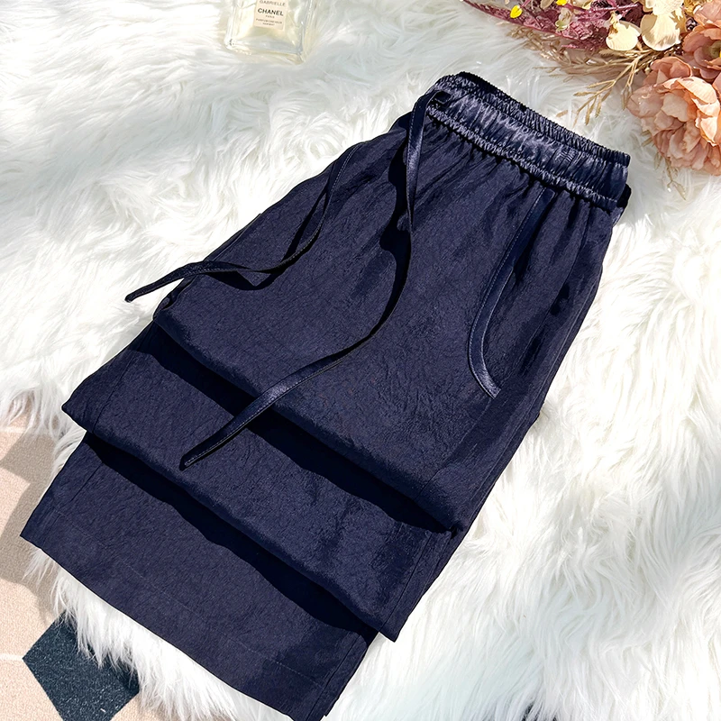 {抽绳款醋酸裤}25松紧腰抽绳显瘦直筒阔腿裤百搭女裤