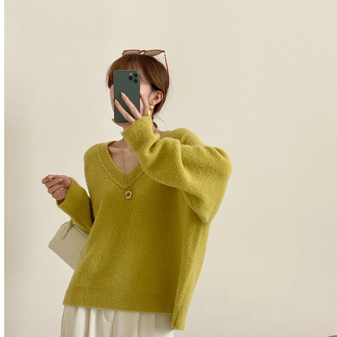 长袖针织短款宽松纯色慵懒风圆领秋冬WH-23733