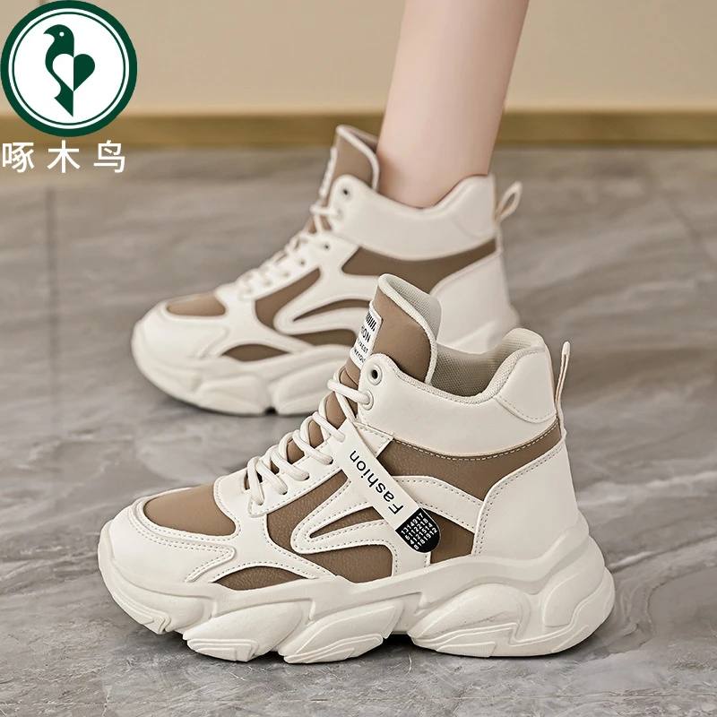 【正品】啄木鸟高帮老爹鞋女2025春秋季女鞋新款透气运动鞋韩版百搭