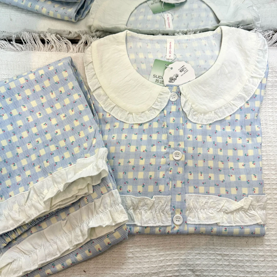 R572三件套夏季蓝色格子家居服带胸垫 短袖+短裤+长裤