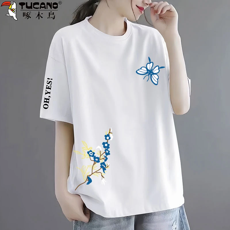 啄木鸟纯棉女装上衣短袖t恤衫2025年新款印花加宽加大洋气休闲装